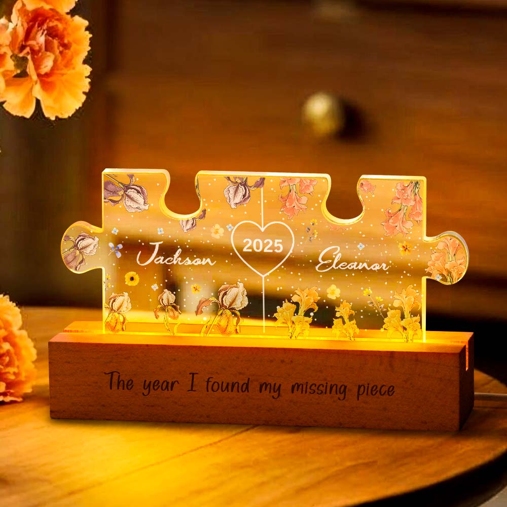 Side profile of the custom name night light showing sturdy wooden base, slim acrylic panel and compact dimensions perfect for bedside tables and small spaces