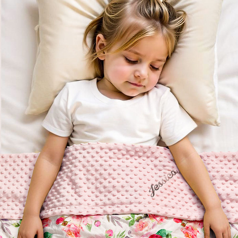 Embroidery detail on velvet baby blanket showing precise name stitching
