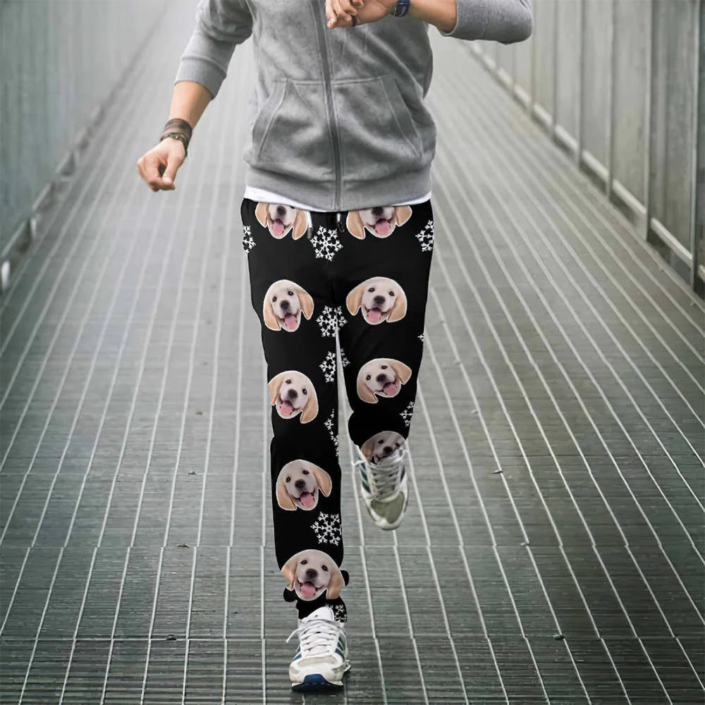 Detailed shot of stitching and print clarity on personalised dog face sweatpants — durable construction with vivid sublimation colours