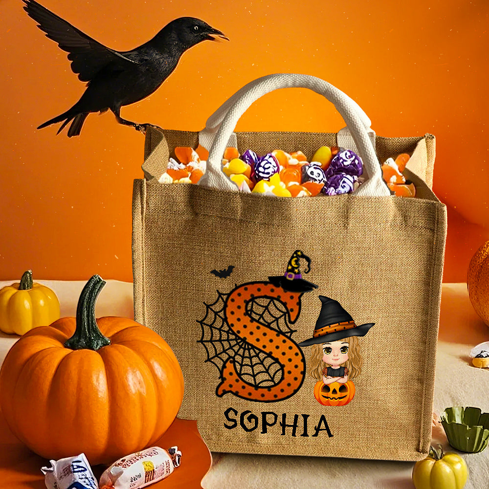 Dimensions displayed: 36cm x 19cm x 32cm personalised pumpkin jute trick-or-treat bag with linen finish