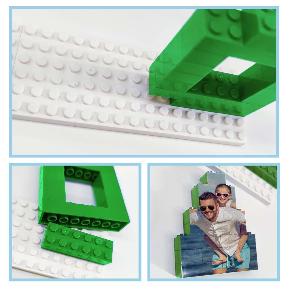 Hand assembling personalised building brick photo puzzle — interactive keepsake and unique Father's Day present