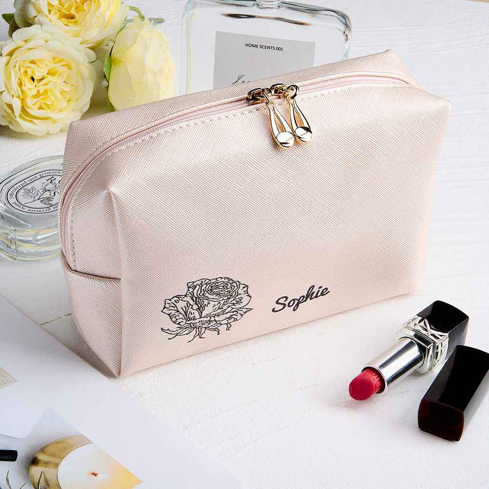 Personalized Birth Flower Makeup Bag Large Capacity Leather Cosmetic Bag Gift for Her