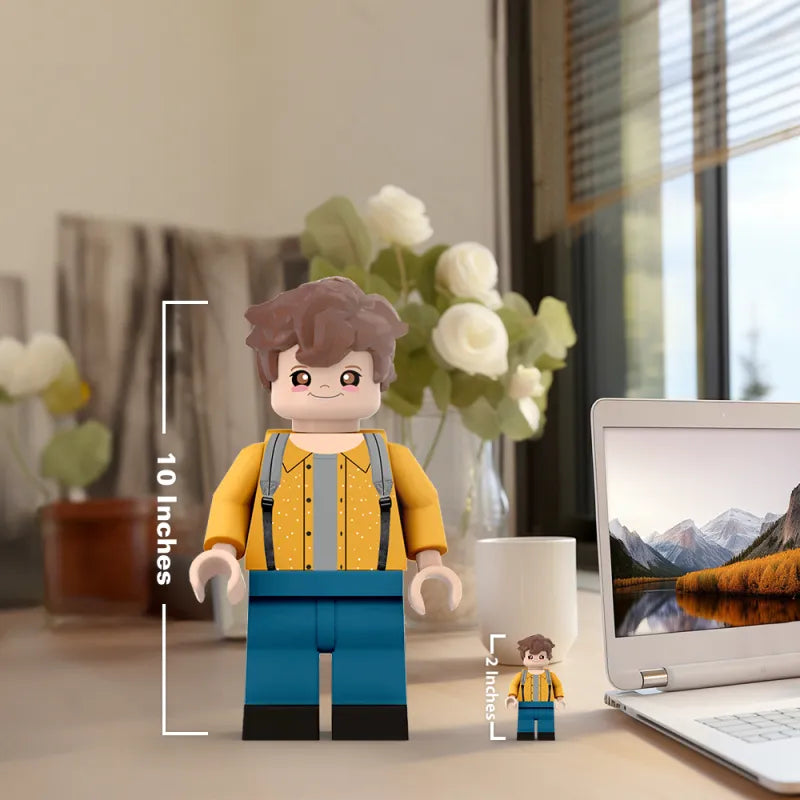 Side‑angle of a customised 3D printed giant minifig showing clothing and pose details — personalised photo minifigure modelled from a full‑body photo