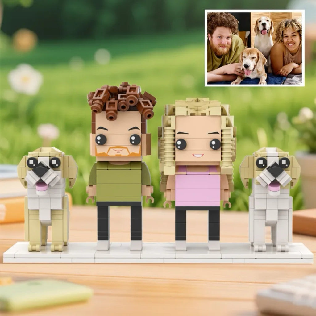 Personalised full-body brick-style figures of a couple with two dogs — custom anniversary and birthday gift, eco-friendly ABS keepsake