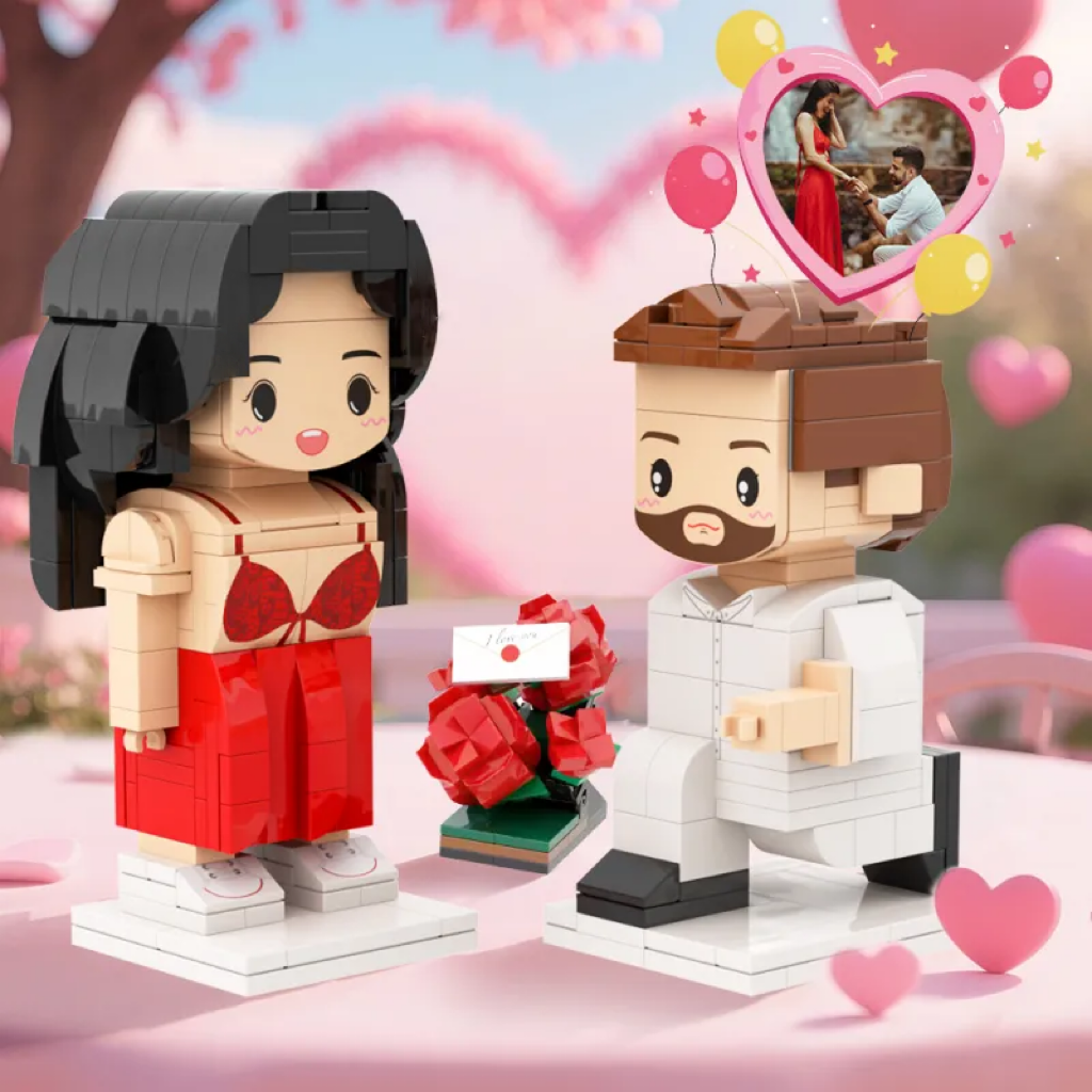 Close-up of personalised full-body brick figures showing custom hairstyles, facial expressions and clothing details — bespoke proposal model