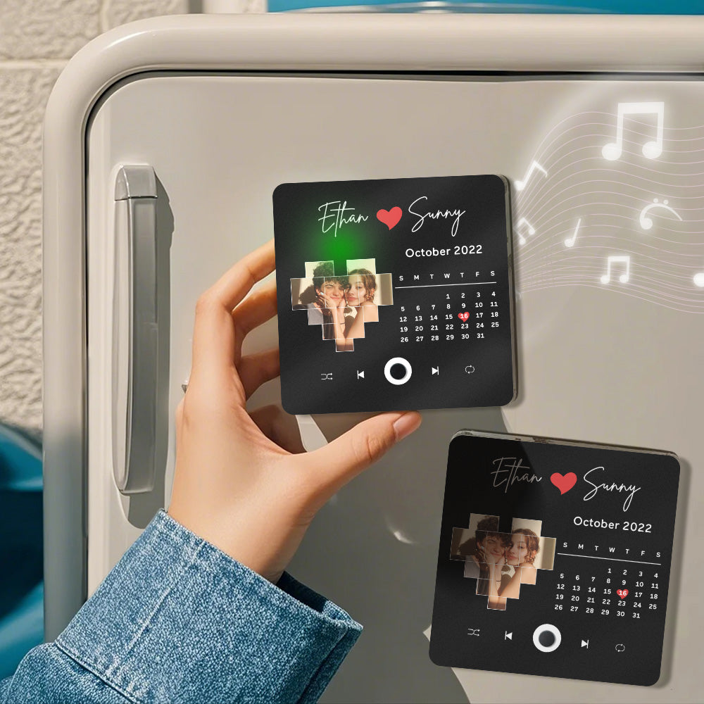 Personalised Music Fridge Magnet — custom engraved acrylic photo magnet that plays your chosen song whenever the fridge door opens