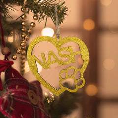 Personalised Wood Heart Dog Paw Name Christmas Ornament - Custom Pet Keepsake