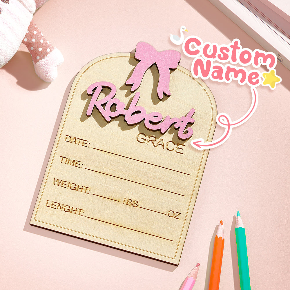 Coquette bow detail on personalised baby name sign, elegant new mum gift for newborn