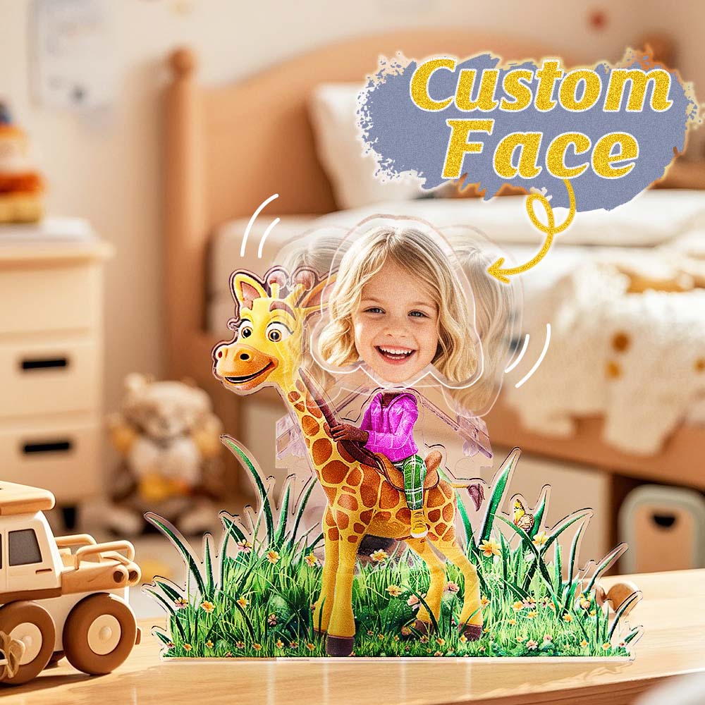High-quality acrylic personalised shaking head standee shown from the side — charming custom photo gift for children