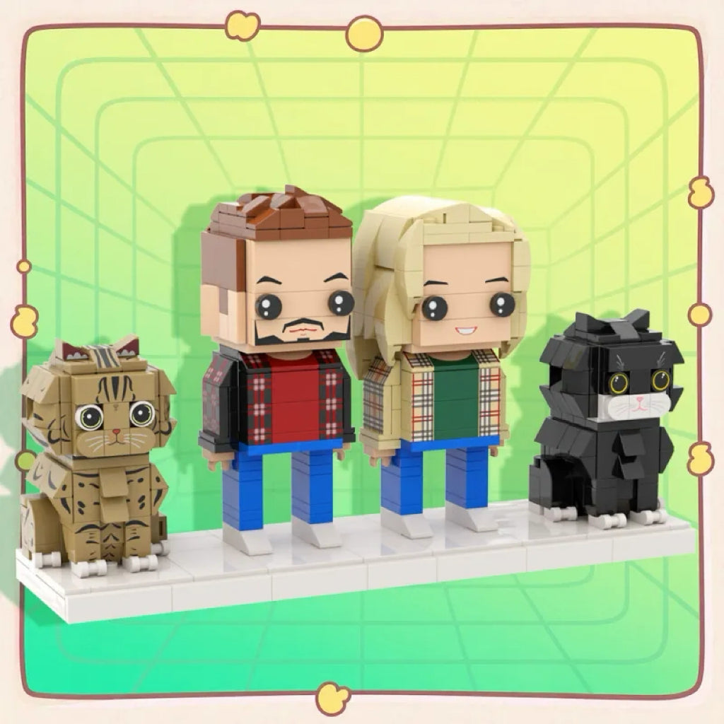 Personalised full‑body brick figures of a couple with two cute cats on white background — custom 2‑person brick‑style keepsake, ideal anniversary or birthday gift