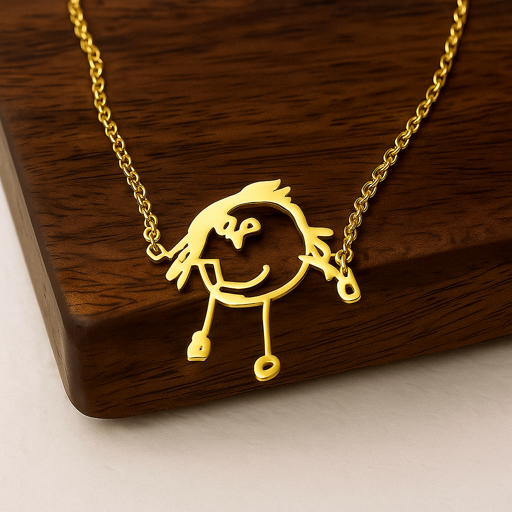 Detail view of the engraved line art pendant on a copper chain, highlighting precise line-work engraving.