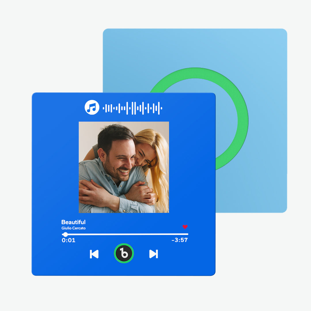 Collection of FridgeBeats personalised music magnets displaying different photos and designs — frameless acrylic custom photo magnets and playable album gifts
