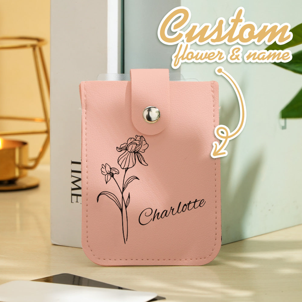 Gift-ready personalised birth flower mini card wallet with name presented as a present — perfect gift for her, weddings or graduations