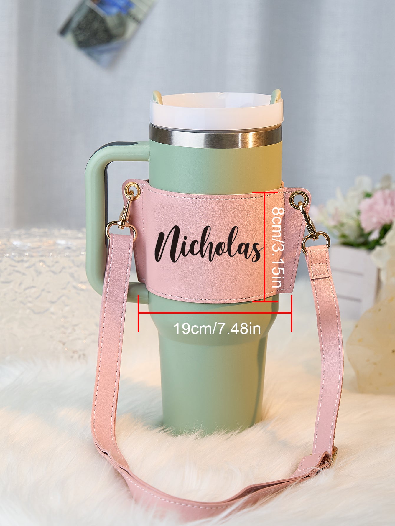 Gift-ready presentation of personalised 40oz Stanley tumbler carrier bag styled as a birthday gift for her with custom name detail