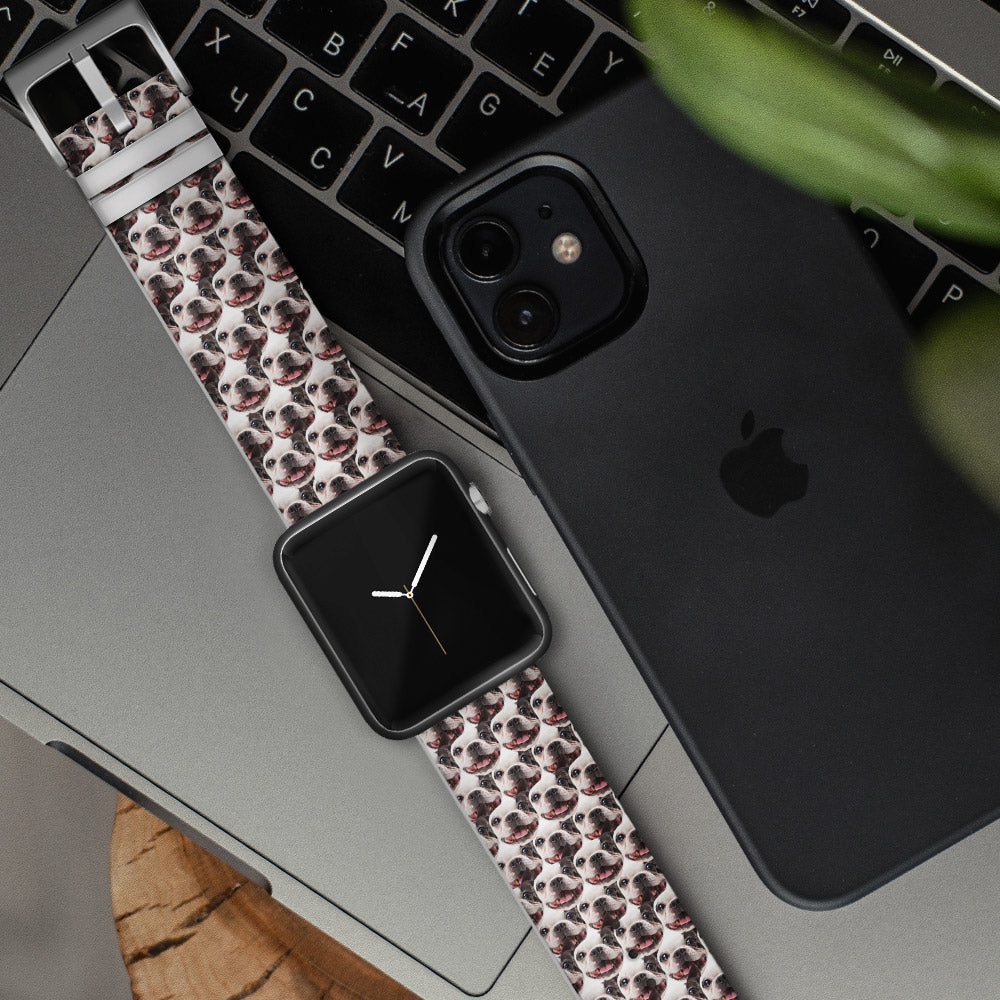 Removable silicone watch strap with built-in connector and pet portrait design.