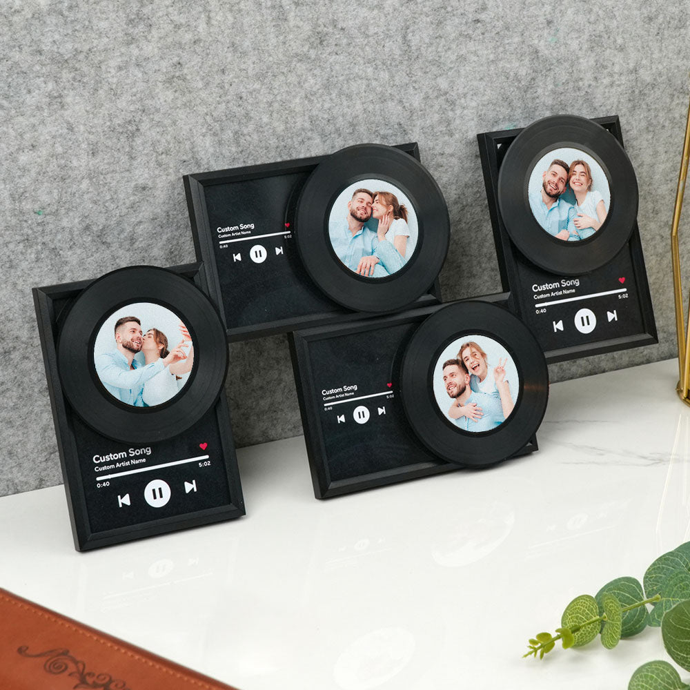 Close-up of NFC tag on personalised vinyl record — industrial-strength chip for 10,000+ taps, instant music playback for a bespoke couple's gift