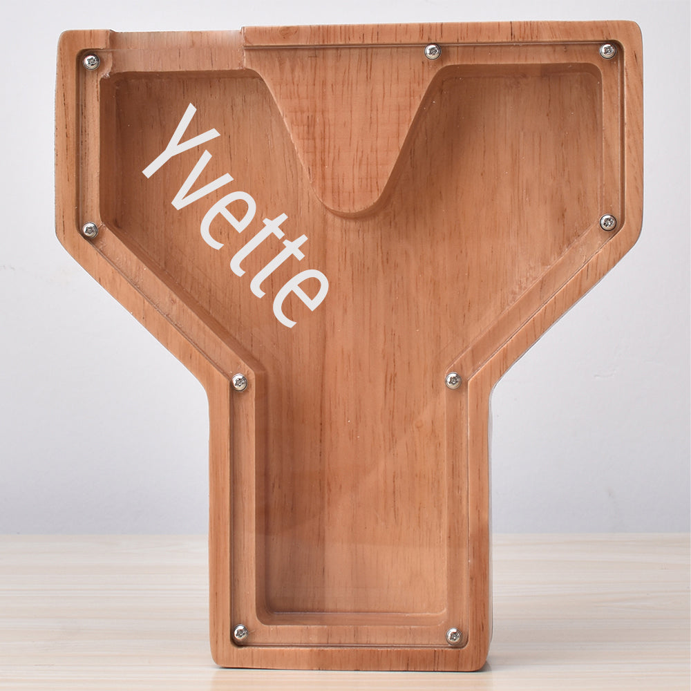 Personalised Oak Wooden Letter Money Box with Engraved Name | Handcrafted Piggy Bank