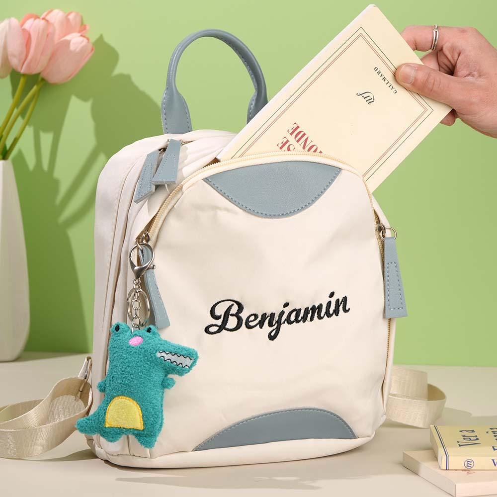 Close-up of personalised name embroidery and front pocket on mini backpack – durable Oxford fabric custom school bag for children
