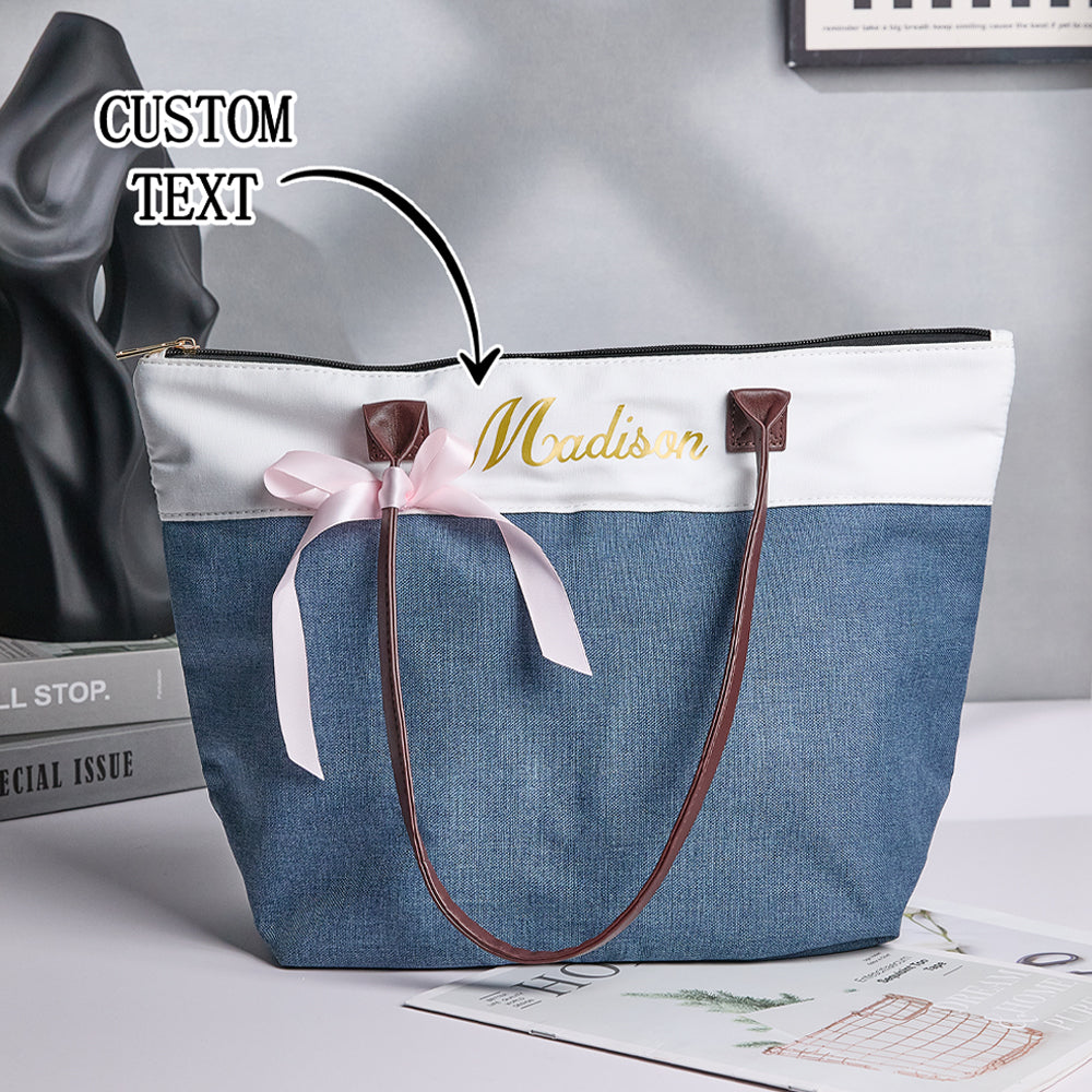 Personalised bridesmaid canvas tote bag with long handles and ribbon accent, printed name keepsake for the wedding party