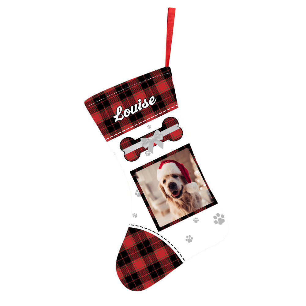 Close-up detail of heat-transfer print on a personalised pet photo stocking, showing vivid colours and crisp photo quality on velvet