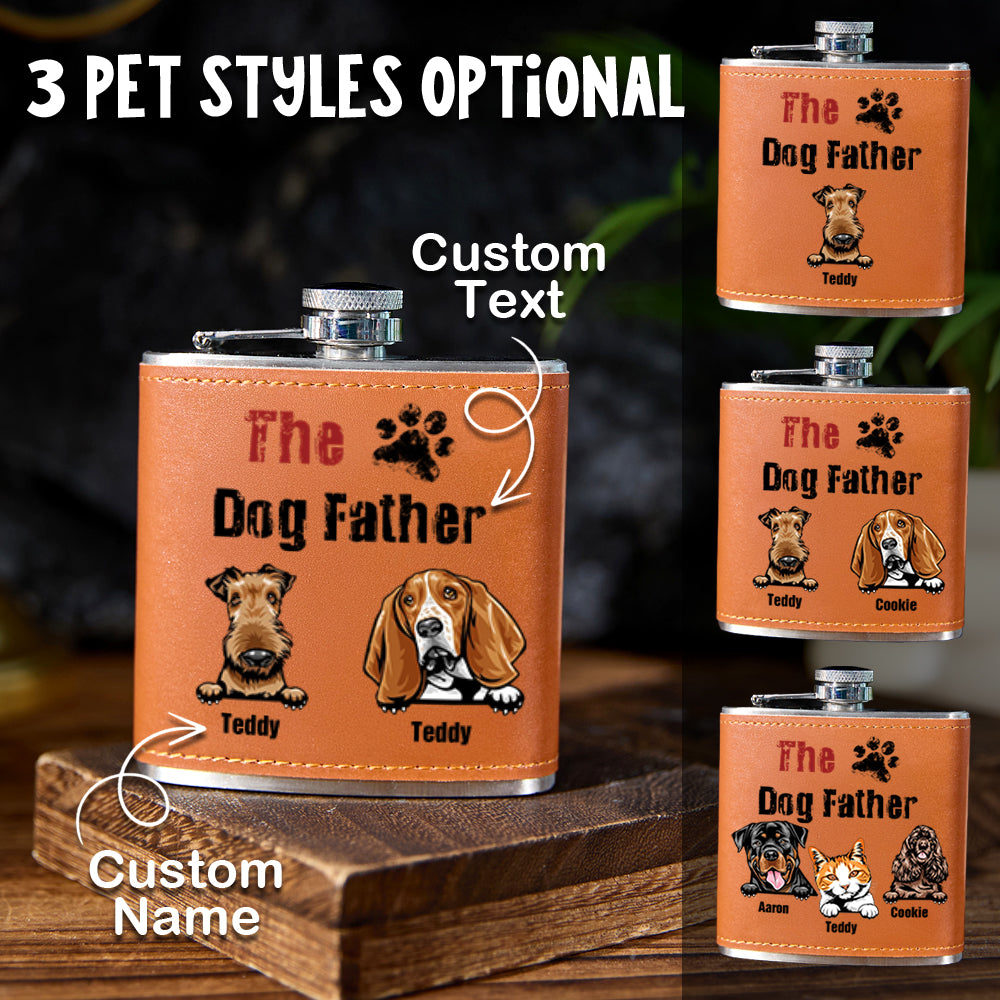 Personalised leather whisky flask 6oz with engraved name and paw print on premium PU leather wrap — ideal engraved gift for Dad and pet lovers