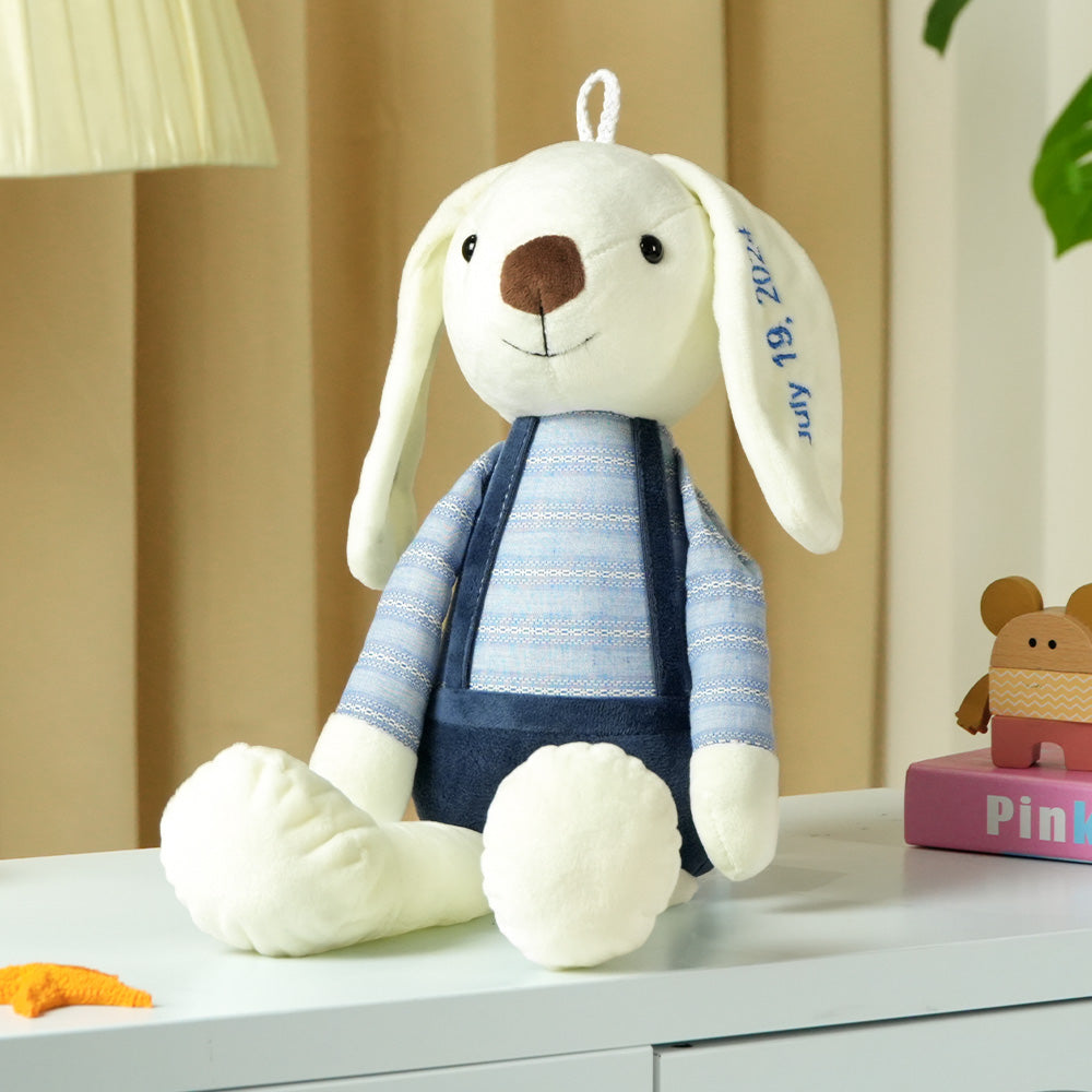 Close-up of custom rabbit embroidery showing personalised name detail on plush bunny – high-quality stitching, perfect personalised name gift