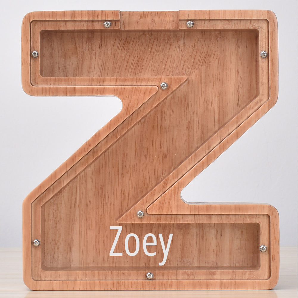 Personalised Oak Wooden Letter Money Box with Engraved Name | Handcrafted Piggy Bank