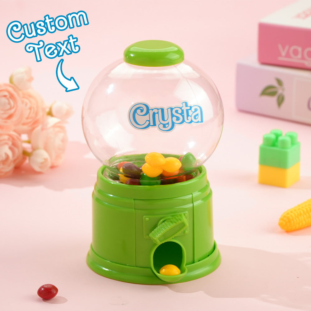 Close-up of personalised mini gashapon showing bespoke name print - perfect personalised birthday gift and party favour for children