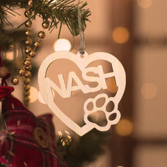 Personalised Wood Heart Dog Paw Name Christmas Ornament - Custom Pet Keepsake