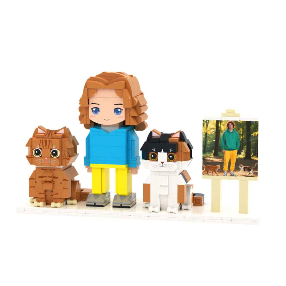 Custom Full-Body Cute Brick Figures of 1 Person and 2 Cats with Frame Personalized Anniversary Gift Birthday Gift