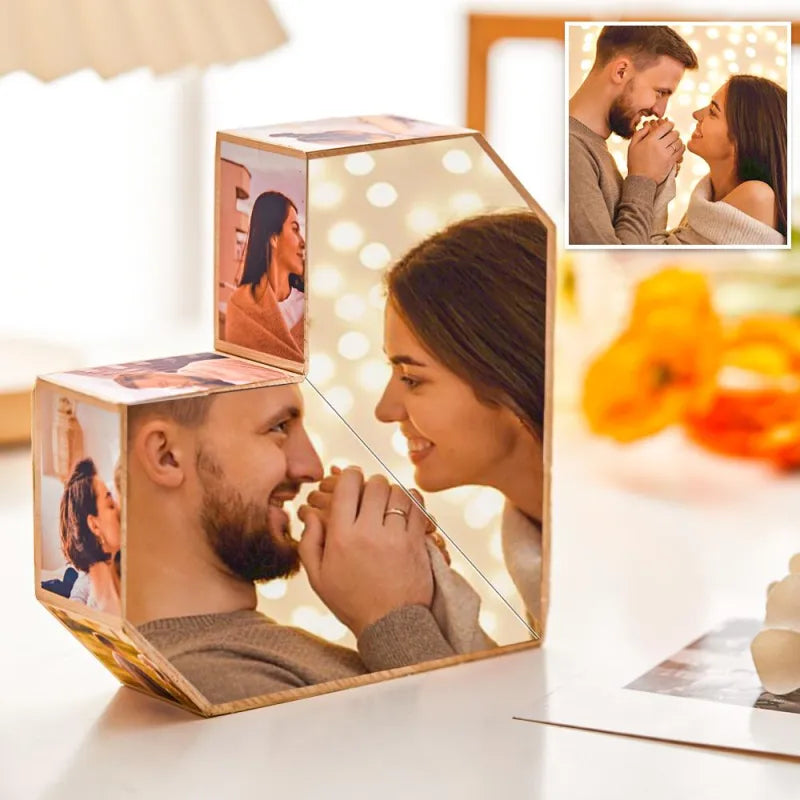 Display of personalised photo cubes arranged as novelty desk gifts — unique personalised keepsakes for family and friends