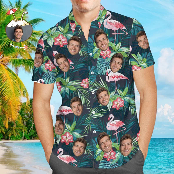 Flat lay of personalised Hawaiian shirt and matching beach shorts showing custom face placement on tropical flamingo and flower pattern — 100% polyester
