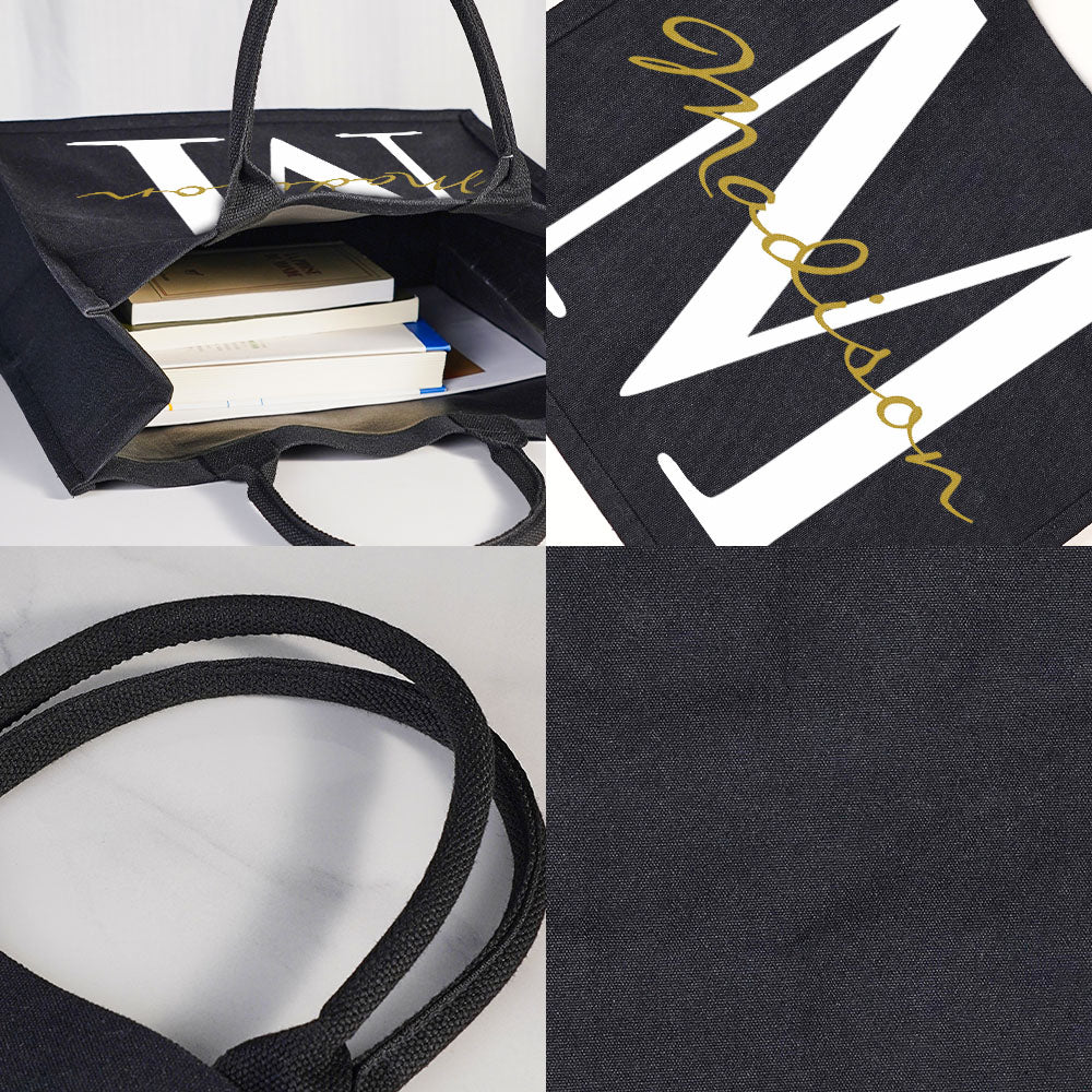 Care instruction close-up for personalised black canvas tote: wipe clean with a damp cloth to preserve the name and initial print