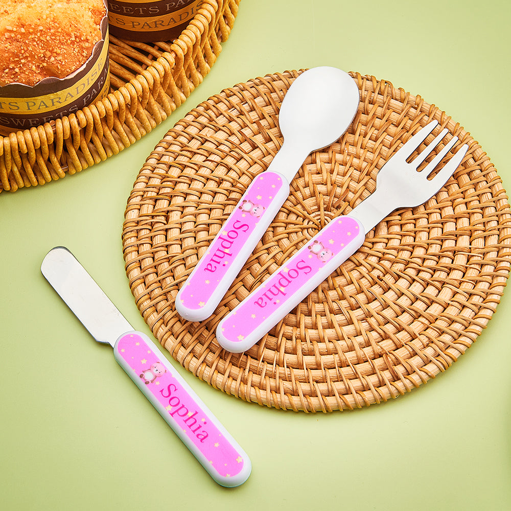 Child-safe knife and fork with rounded edges and cute animal designs – food-grade stainless steel and non-toxic PP plastic handles