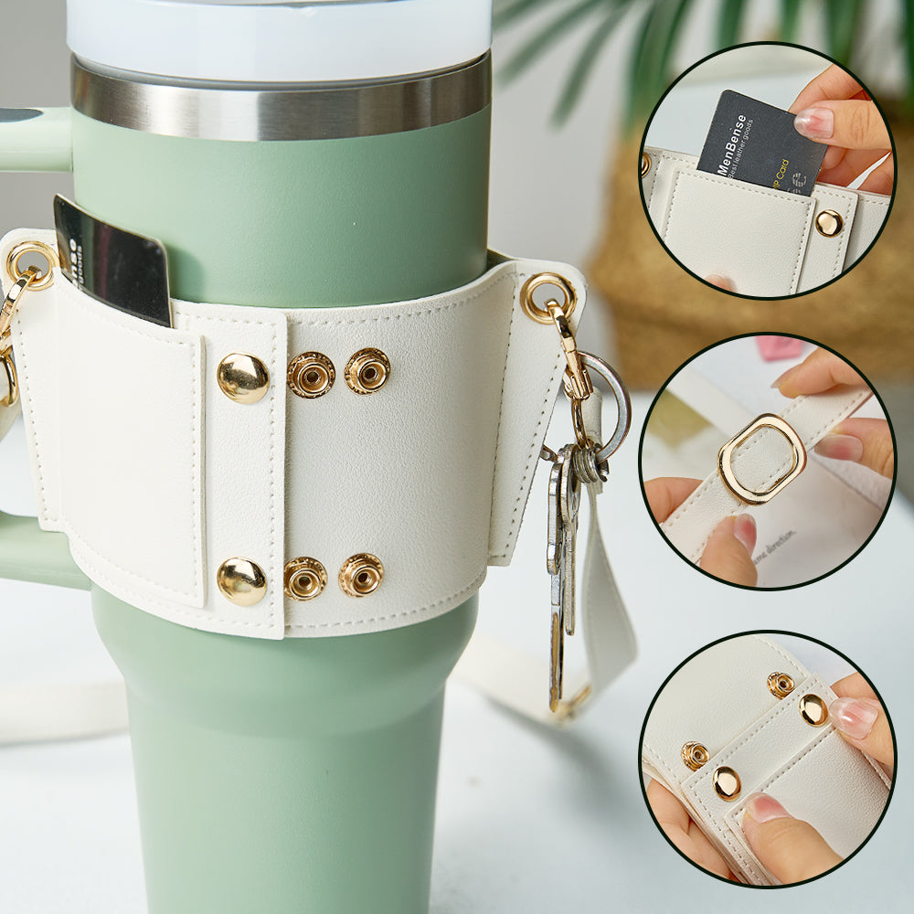 Personalised monogram options and gift-ready presentation for PU leather 40oz Stanley tumbler carrier — perfect personalised gift for her
