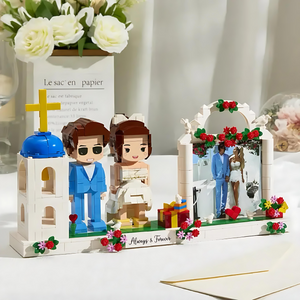 Full-body Custom 2 People Cute Brick Figures with Photo Frame Church Wedding Gift for Couple