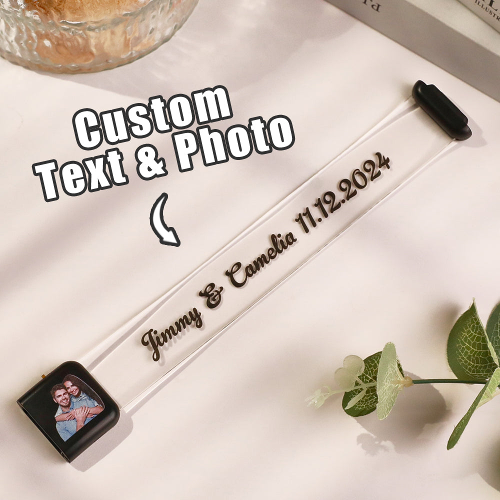 Close-up of customisable photo panel on LED glow bracelet highlighting high-resolution engraving and durable ABS and TPU construction