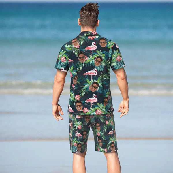 Personalised groomsmen set mockup showing matching custom photo Hawaiian shirts and beach shorts in flamingo and flower design — fun wedding or stag-do gift