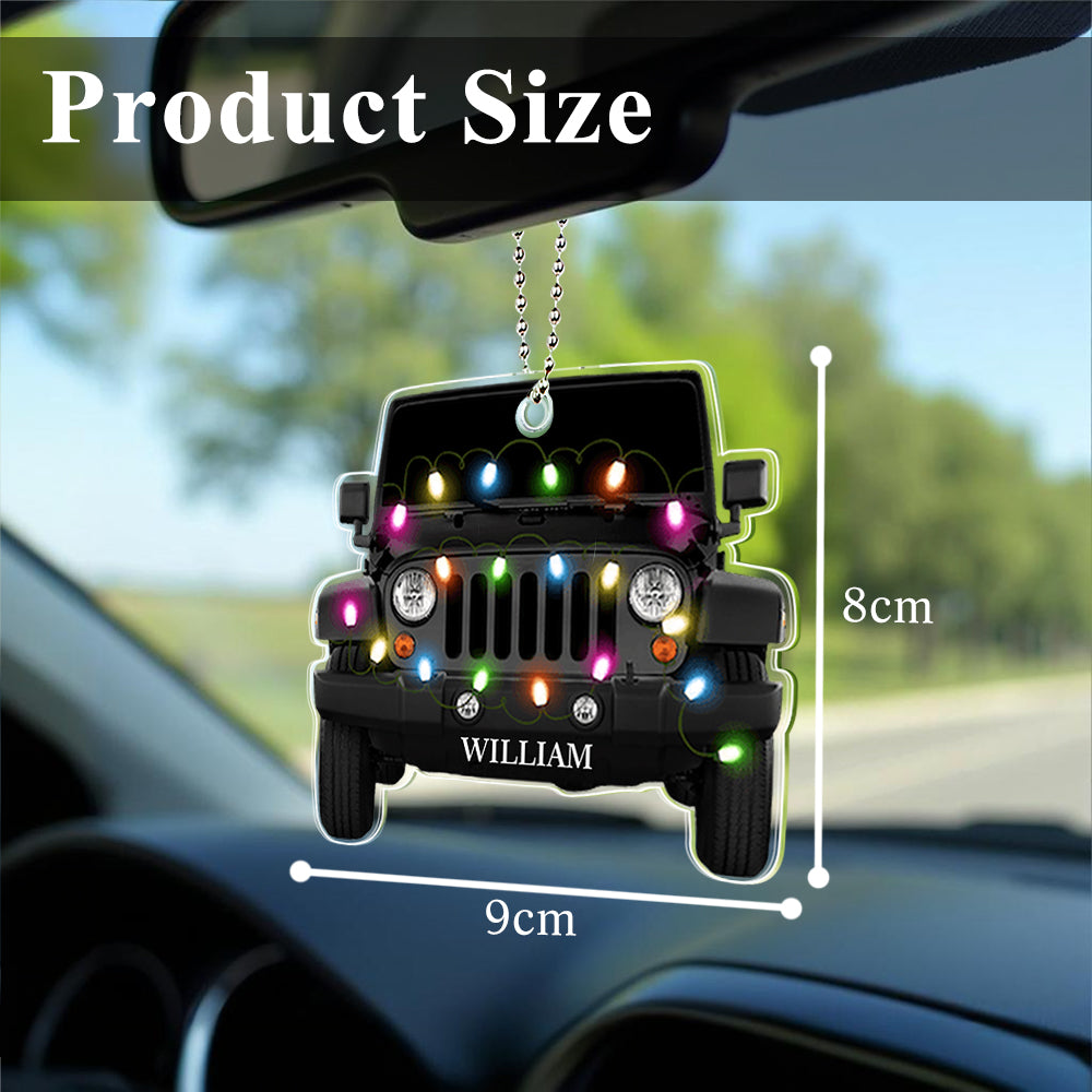 Personalised Car Christmas Ornament with ribbon, close-up of engraved text on premium clear acrylic — thoughtful customised gift for him or her