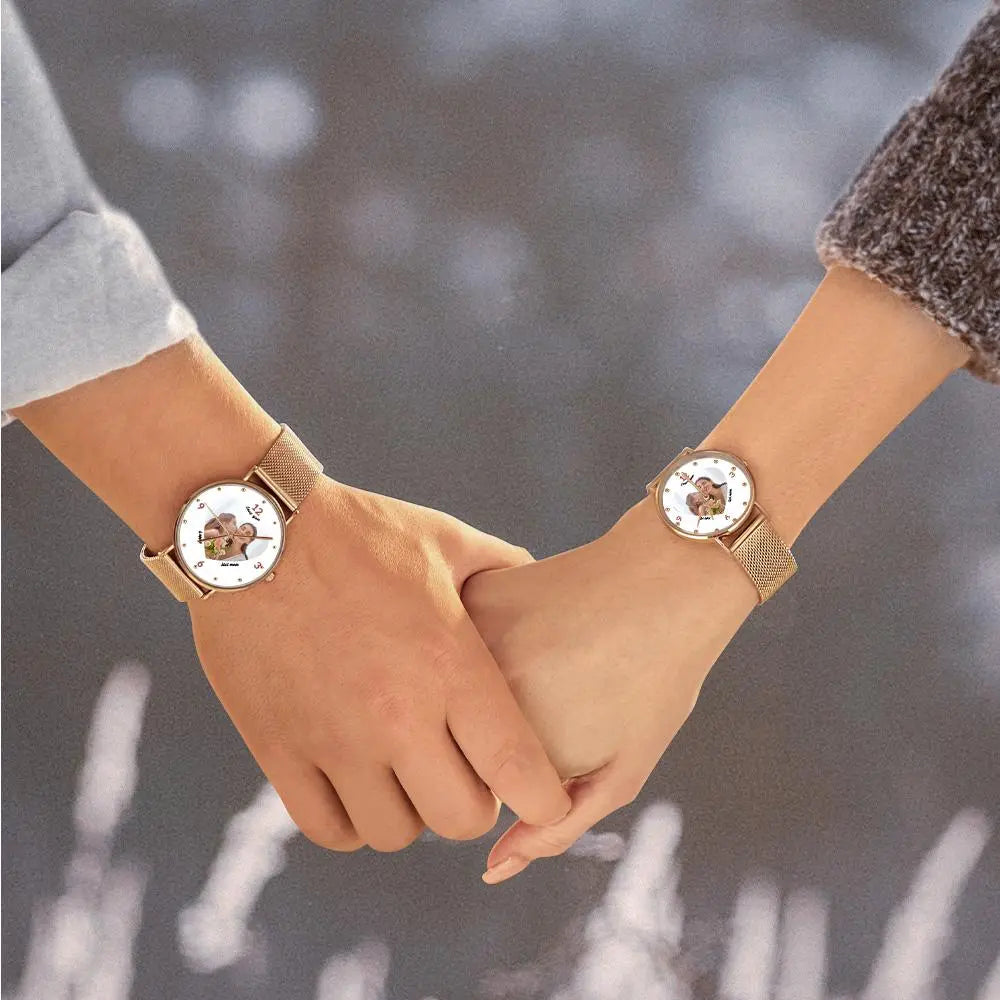 Personalised rose gold 36mm photo watch for mum with engraved bracelet and crisp laser-engraved family photo on the dial — perfect Mother's Day gift