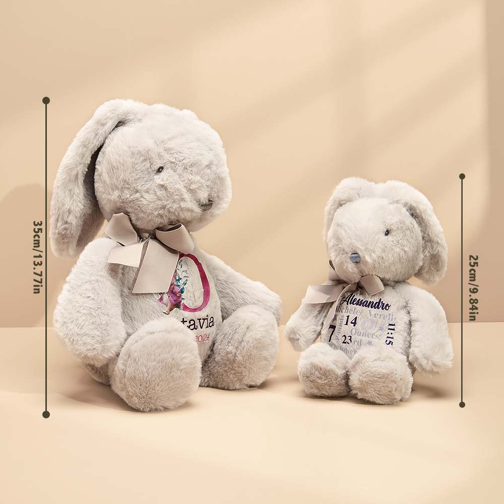 Personalised bunny rabbit soft toy showing embroidered name on foot, perfect personalised baby gift