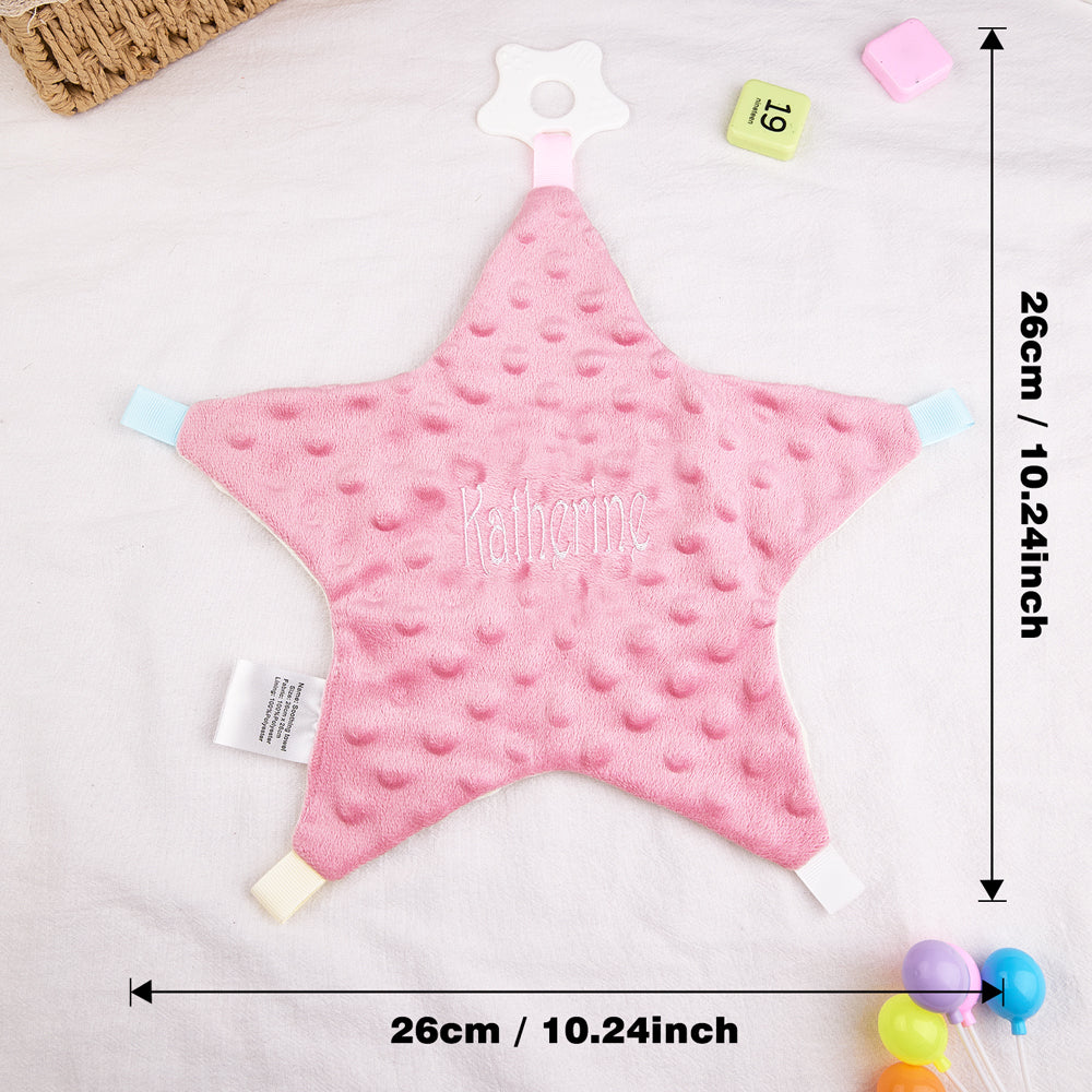Examples of custom embroidered name fonts and thread colours on the star cotton baby comforter — personalise for newborns and first birthdays