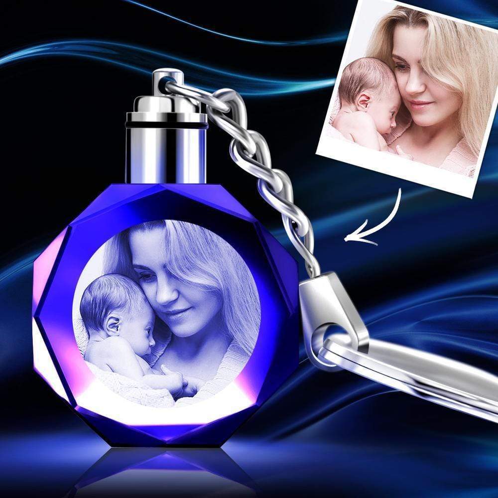 Personalised photo octagon crystal keyring with laser-engraved couple photo — elegant personalised couples gift