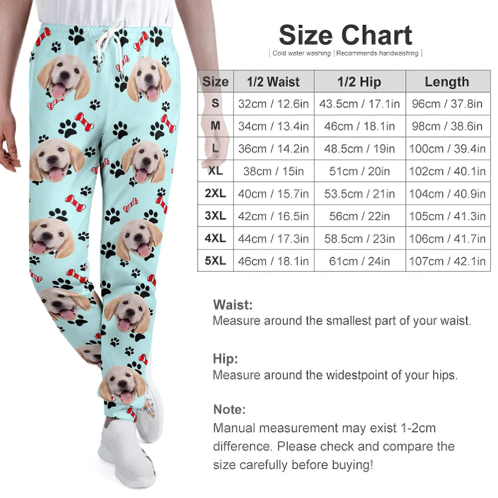 Model wearing personalised dog face joggers in a casual outfit — lightweight unisex sweatpants for everyday wear and travel
