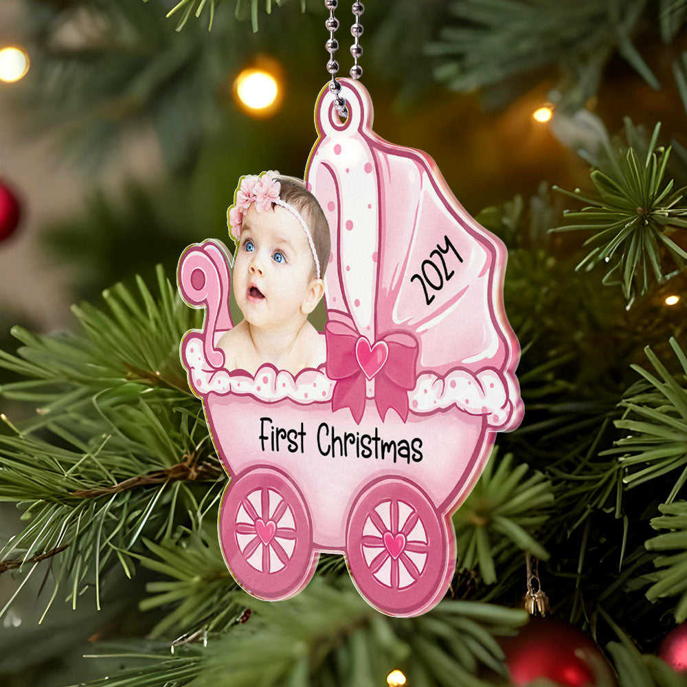 Personalised Baby Carriage Christmas Ornament with Photo - Acrylic Keepsake Gift