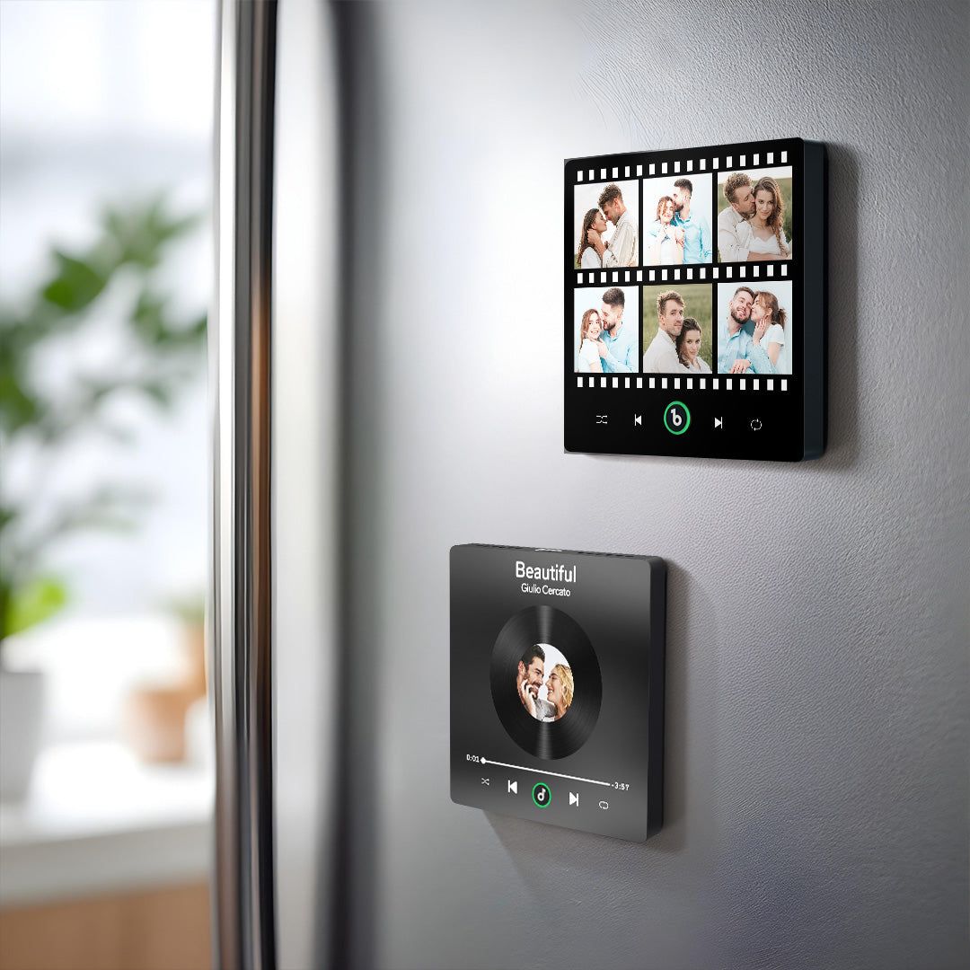 Detailed view of FridgeBeats customised music fridge magnet edge and glossy film‑style frame — elegant keepsake for couples