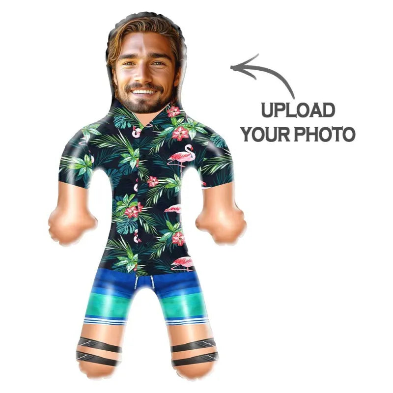 Close-up of the personalised face print on the inflatable doll, showcasing high-resolution photo integration for a unique gift
