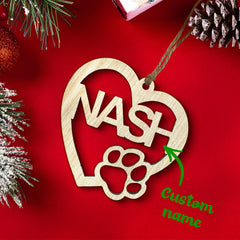 Personalised Wood Heart Dog Paw Name Christmas Ornament - Custom Pet Keepsake