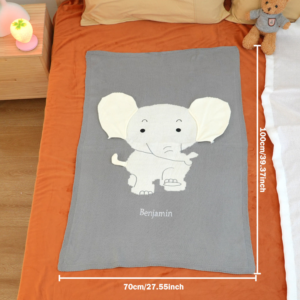 Gift-ready personalised grey elephant baby blanket featuring name, suitable as a newborn gift.