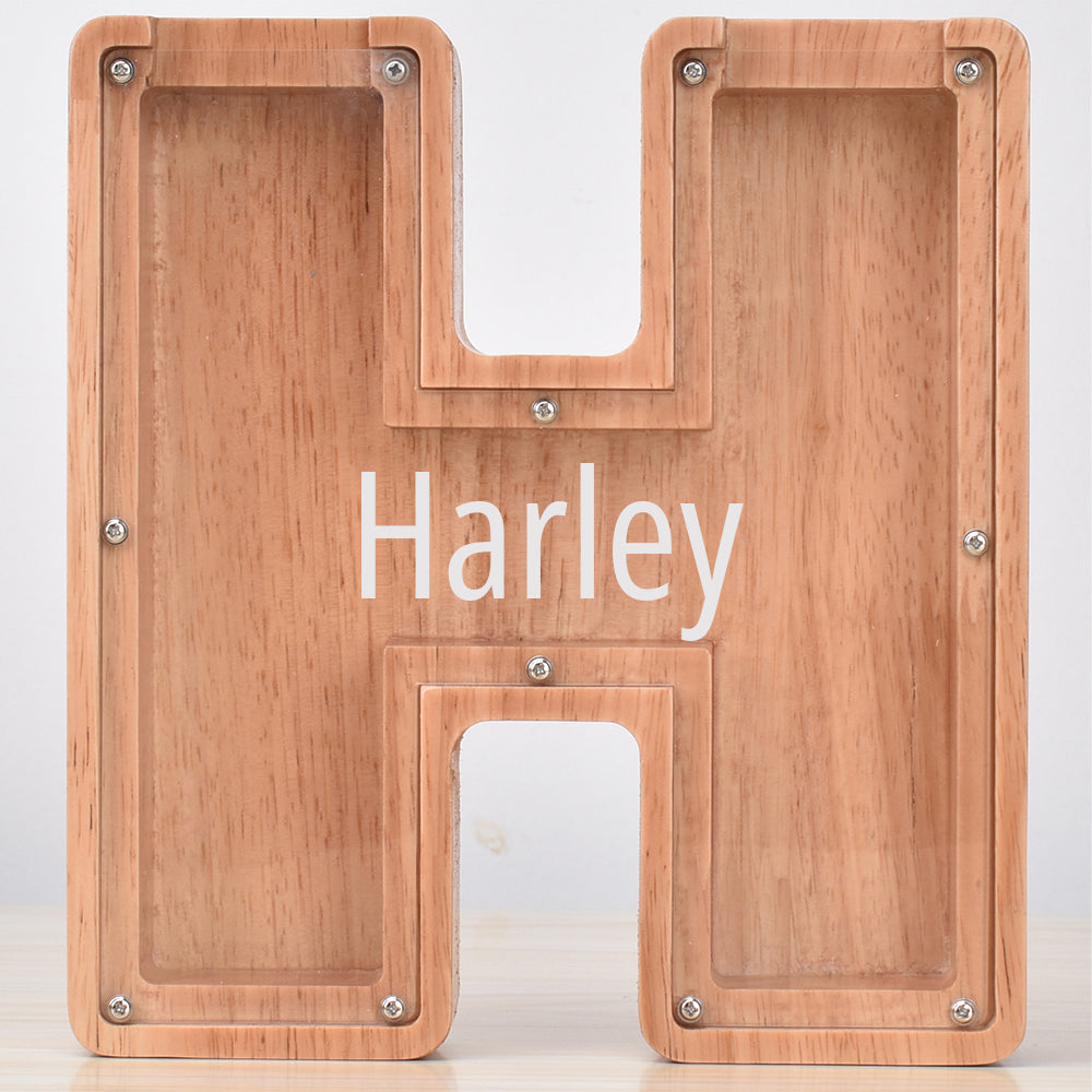 Personalised Oak Wooden Letter Money Box with Engraved Name | Handcrafted Piggy Bank